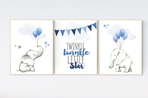 Nursery decor boy elephant, navy blue nursery decor, animal nursery prints with balloon, animal balloons, nursery wall art, boy room decor