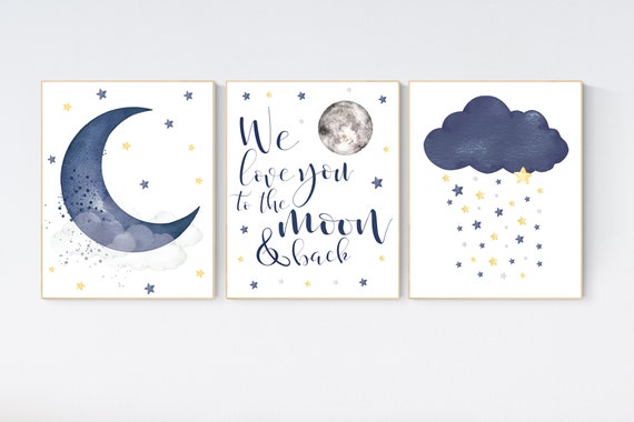 Nursery decor navy yellow, gender neutral nursery wall art, yellow navy nursery, nursery wall art, moon and stars, navy and yellow, nursery