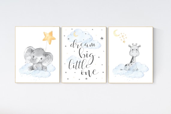 Nursery wall art elephant, neutral nursery, Gender neutral nursery, dream big little one, Baby wall decor, baby room decor, moon