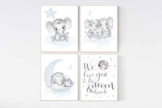 Nursery decor boy, nursery decor elephant, nursery wall art, nursery art, blue nursery decor, moon and stars, elephant nursery prints