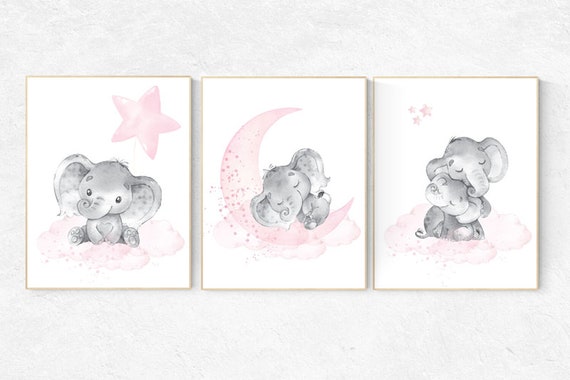 Elephant nursery print, nursery decor girl, pink and gray nursery, cloud and stars nursery, baby room decor girl, nursery prints girl