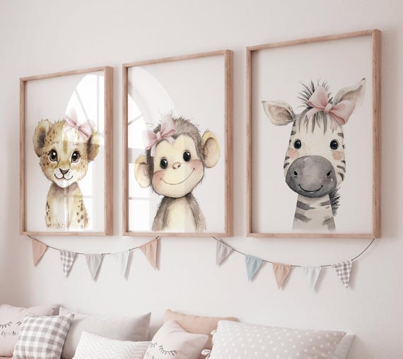Safari Baby Girl Nursery Wall Art Set of 3, Lion Monkey Zebra Prints