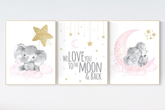 Nursery wall art girl elephant, pink and gold nursery, we love you to the moon and back, pink nursery art, cloud and stars, baby room decor