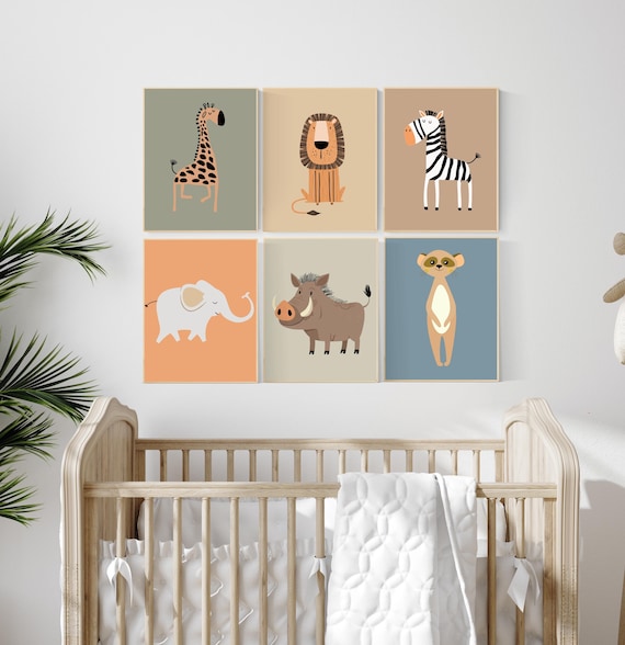 Safari Nursery Wall Art Set of 6 | Giraffe, Lion, Zebra, Elephant, Warthog, Meerkat Prints | Modern Jungle Animal Baby Room Decor