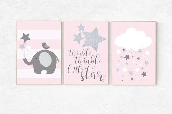 Twinkle twinkle little star nursery, pink gray nursery decor, baby girl nursery decor, hot air balloon nursery art, elephant nursery, silver