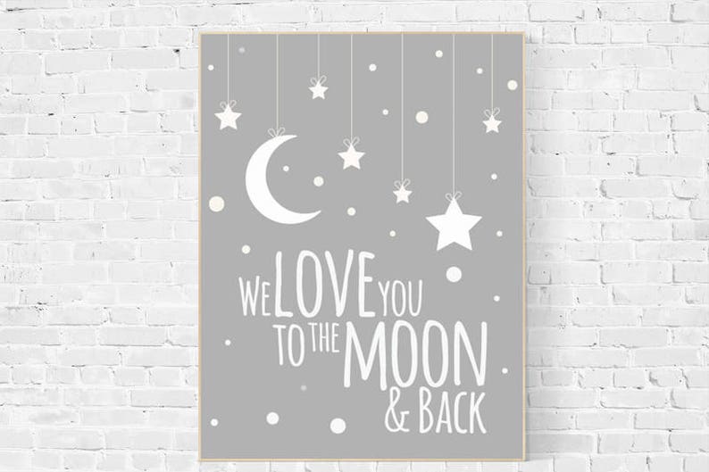 To The Moon And Back White on Grey Typography Nursery Print Baby Bedroom Art