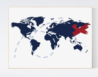 Navy & Red World Map Nursery Art: Adventure Awaits Print
