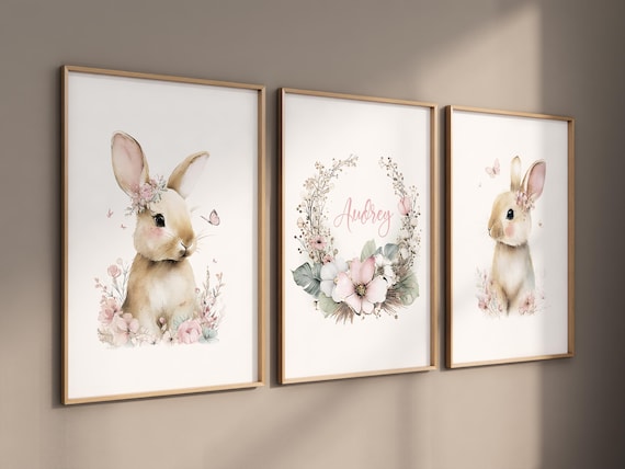 Personalized Bunny Nursery Wall Art Set of 3, Floral Rabbit Prints
