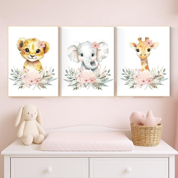 Safari Animal Nursery Wall Art – Set of 3 Prints with Lion, Elephant & Giraffe | Blush Pink Baby Girl Room Decor | Jungle Animal Posters