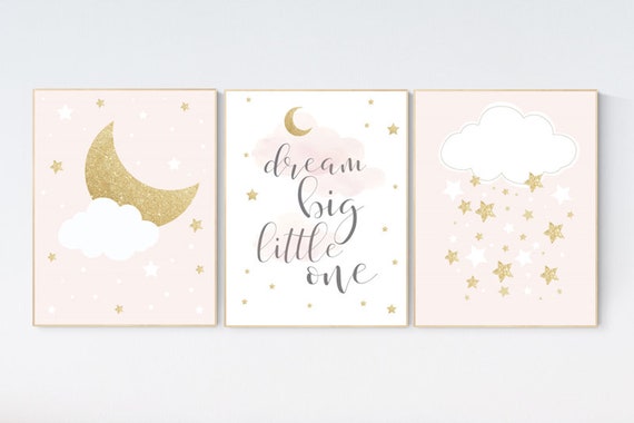 Pink gold nursery art, dream big little one, blush pink nursery decor, pink and gold, rose nursery wall art, nursery decor pink, girls room