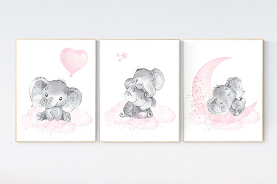 Elephant nursery art, elephant nursery print, pink and gray nursery, cloud and stars nursery, baby room decor girl, nursery prints girl