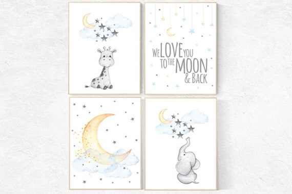 Nursery decor elephant, we love you to the moon and back, elephant balloon, gender neutral, nursery wall art, baby room, giraffe nursery art