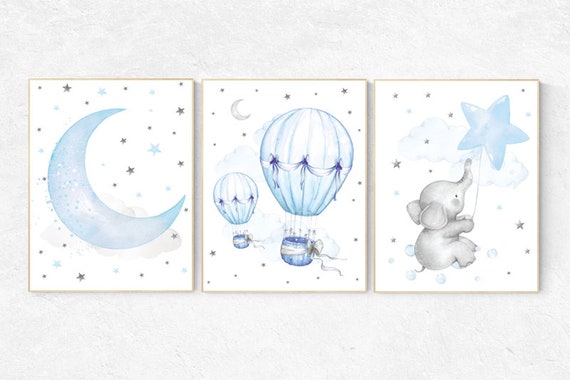 Baby nursery decor elephants, blue nursery wall art, hot air balloon nursery wall decor, moon print nursery, elephant holding balloons
