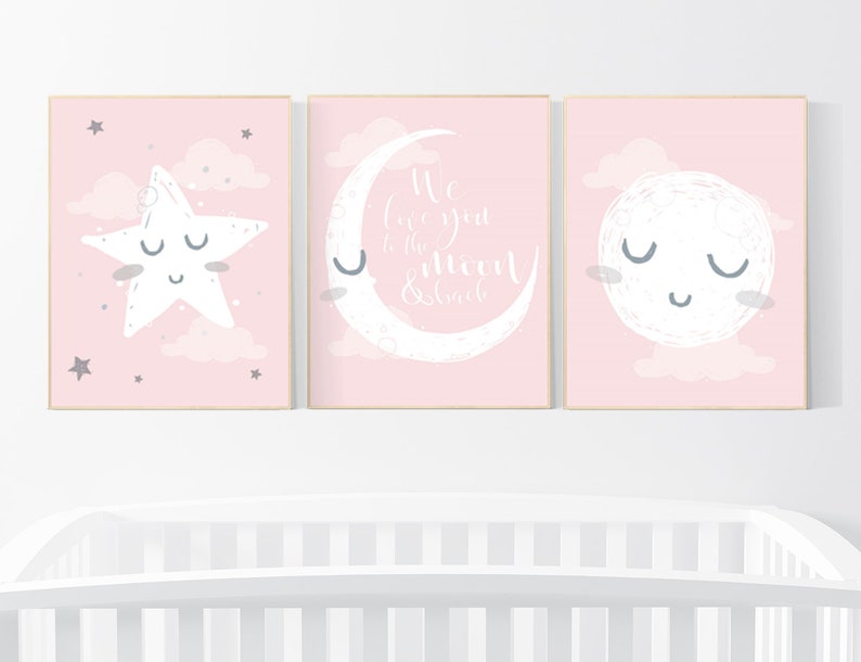 Nursery Decor Girl Nursery Wall Art Pink and Grey Moon Star Etsy