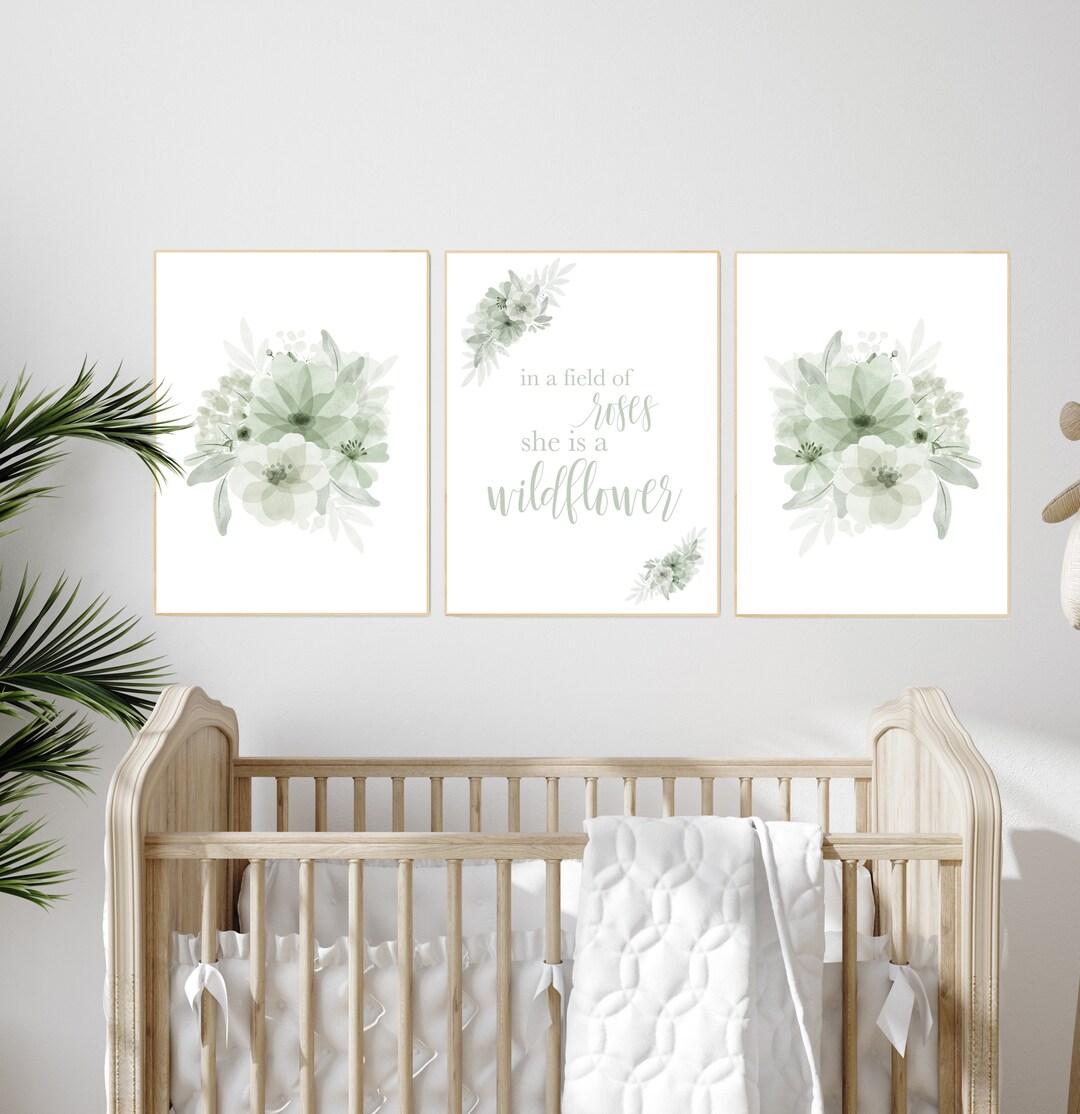 Nursery Decor Girl Flowers Green Flowers Herbal Green Mint Etsy