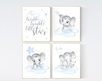 Elephant Nursery Art Prints: Blue Gray Baby Decor