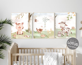 Bauernhof Tier Kinderzimmer Drucke: Aquarell Schwein, Kuh, Huhn