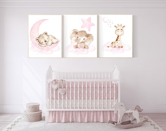 nursery decor girl pink, nursery decor girl woodland animals, nursery decor animals, teddy bear, elephant, giraffe, baby girl nursery prints