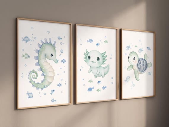 Seahorse, Axolotl & Turtle Nursery Prints – Ocean Animals Wall Art Set