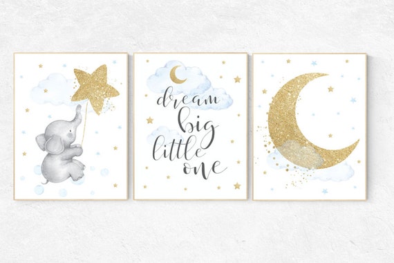 Nursery decor boy elephant, blue and gold nursery, dream big little one, blue nursery wall art, cloud and stars, baby room decor, wall art