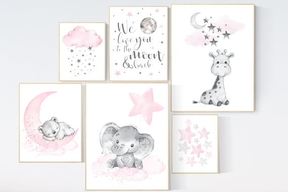 Nursery prints girl, Nursery wall art animals, giraffe, bear, pink grey, nursery decor girl pink, nursery decor girl, girl nursery ideas