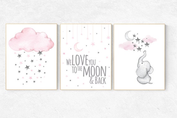 Nursery decor girl pink and gray, nursery decor girl pink, Elephant nursery, we love you to the moon and back, cloud and stars, wall art