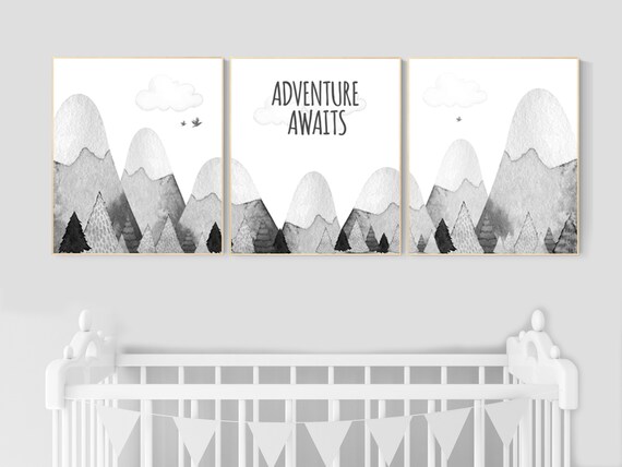 Nursery decor gender neutral, mountain nursery, gray nursery, adventure nursery, travel theme nursery, woodland, explore, hot air balloon