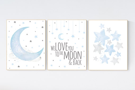 Nursery decor boy baby blue, Nursery wall art boy, nursery decor, moon and stars, we love you to the moon and back, nursery prints boy
