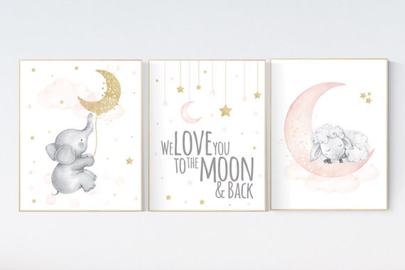 Nursery decor lambs, Nursery decor girl blush, elephant, sheep nursery, moon and stars nursery, blush gold, elephant, lamb