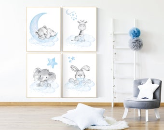 Animal Nursery Art Prints: Baby Blue Elephant, Bear, Bunny, Giraffe