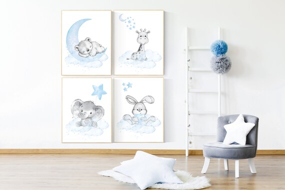 Nursery decor boy elephant, animal nursery, bunny nursery art, baby blue, bear nursery, giraffe baby room wall art