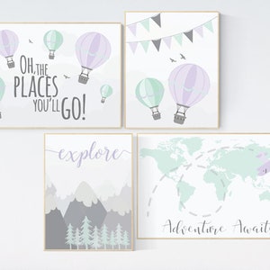 May include: Set of four printable wall art prints featuring a green and purple color scheme. The prints feature hot air balloons, a world map, mountains, and the text "Oh, the places you'll go!" and "Adventure Awaits".