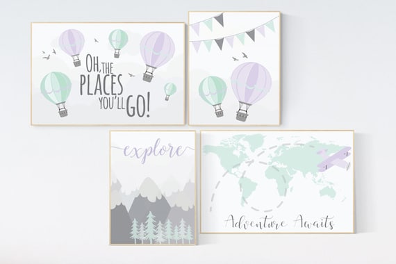 Adventure theme nursery, hot air balloon nursery, world map wall art for nursery, lavender mint, nursery decor girl purple mint, airplane