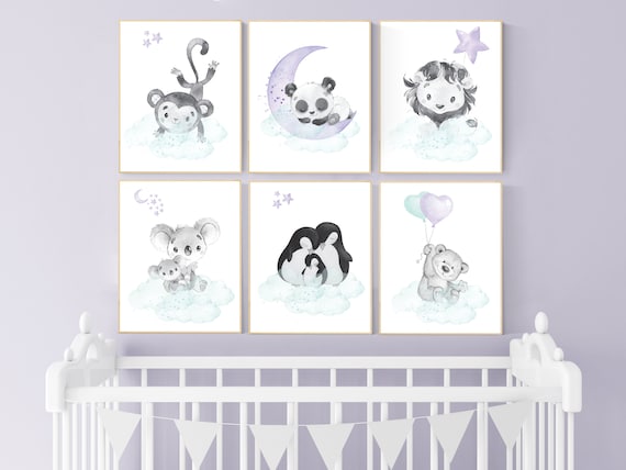 Animal nursery prints, Purple teal nursery, nursery decor girl, animal prints, purple nursery, baby nursery room decor, girl nursery