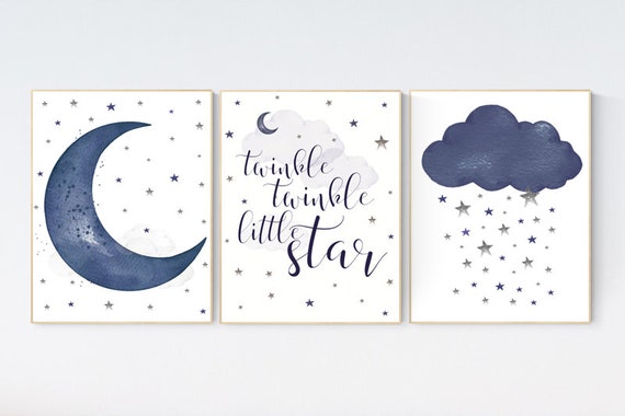 Navy nursery decor, cloud and stars, moon and stars, navy blue nursery art. baby room wall art, boy nursery decor, set of 3, nursery art