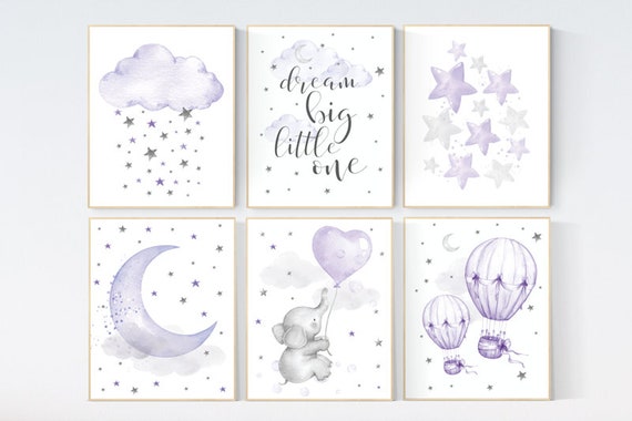 Nursery decor girl purple , elephant nursery, lilac, hot air balloon, animal nursery, lavender nursery, moon, cloud, stars nursery