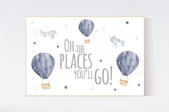 Hot air balloon nursery, Nursery decor navy blue, travel themed nursery, nursery decor boy, animal nursery, woodland animals