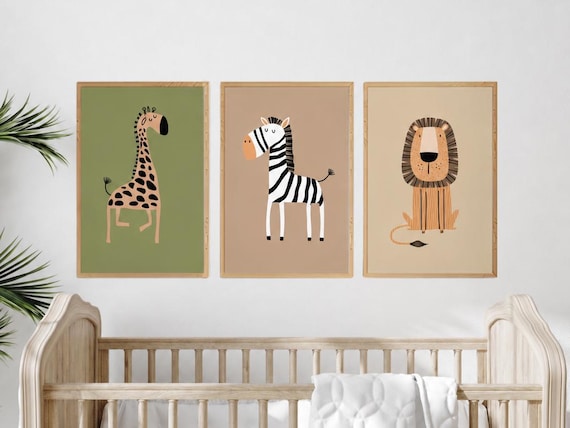 Safari Animal Nursery Prints, Boho Jungle Art, Set of 3