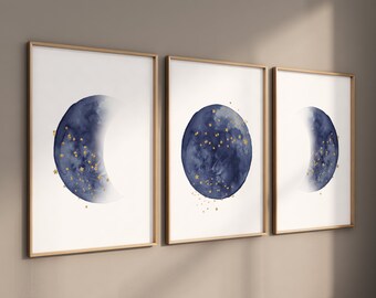 Moon nursery decor, moon print, navy blue nursery, navy gold nursery, full moon print, gender neutral, moon phases, dark blue, moon nursery