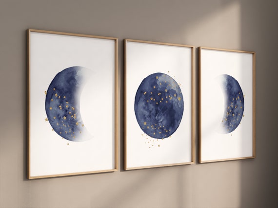 Moon nursery decor, moon print, navy blue nursery, navy gold nursery, full moon print, gender neutral, moon phases, dark blue, moon nursery