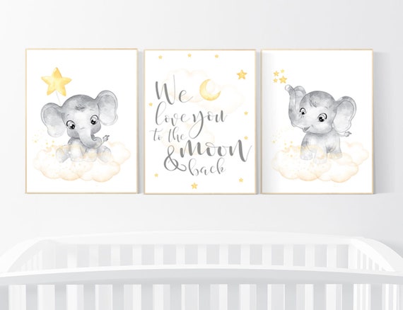 Nursery decor neutral, Yellow nursery, nursery wall art elephant, moon, stars, gender neutral, yellow and gray nursery art, baby room art