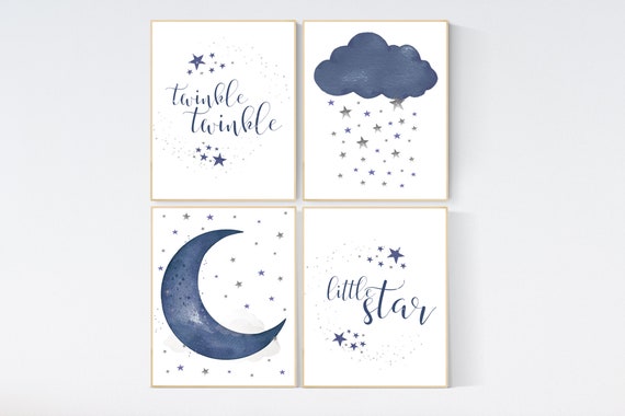 Nursery decor boy, navy nursery wall art boy, moon and stars, navy blue, navy nursery set, twinkle twinkle little star, boys room wall art