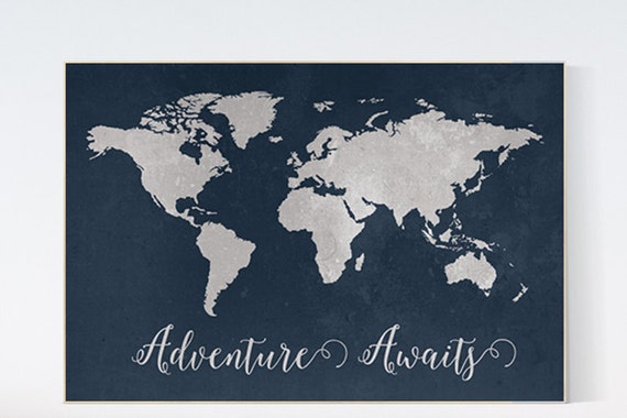 Navy World Map print, Adventure awaits Nursery print, Kid's Room Decor, Children's playroom, toddler navy baby wall art, world map gift