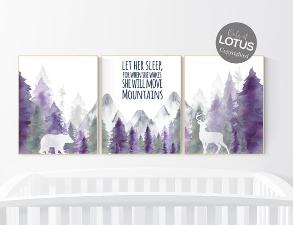 Nursery decor woodland, mountain wall art, tree nursery decor, adventure theme nursery, forest, navy, purple nursery, woodland animals