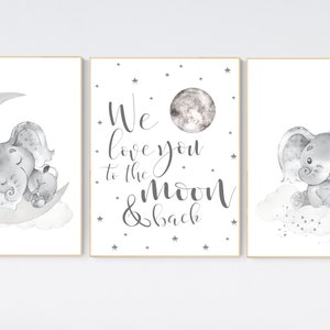 Grey nursery wall art, elephant nursery wall art, moon and stars, gender neutral, gray nursery art, baby room decor, neutral, twin nursery