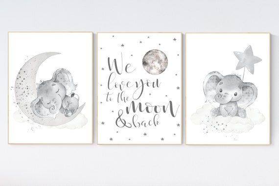 Grey nursery wall art, elephant nursery wall art, moon and stars, gender neutral, gray nursery art, baby room decor, neutral, twin nursery