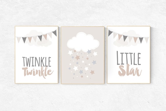 Gender neutral nursery, Twinkle twinkle little star, beige and cream, cloud Nursery, Nursery Decor, Gray Beige gender neutral baby shower