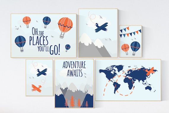 Nursery decor boy mountain, navy orange, Adventure nursery decor, travel theme, nursery wall decor boy plane, world map, adventure awaits