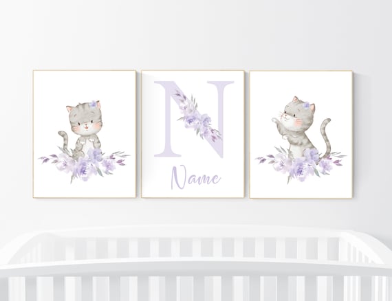 Cat nursery print, kitten nursery print, floral nursery, nursery decor girl, nursery art girl, cat print, kittens, purple and grey, lavender