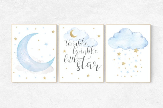 Nursery decor boy elephant, blue and gold nursery, twinkle twinkle little star, blue nursery wall art, cloud and stars, baby room decor